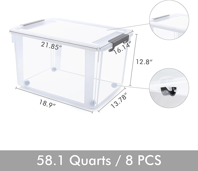 Citylife 58.1 QT Plastic Storage Bins with Latching Lids Stackable Storage Containers for Organizing Large Clear Storage Box for Garage, Closet, Kitchen, 8 Packs