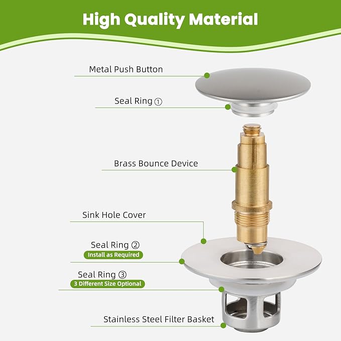 Universal Bathroom Sink Drain Strainer Hair Catcher Upgraded with Removable Stainless Steel Filter Basket, 2 in 1 Pop Up Sink Stopper for 1.1''~2.36'' Sink Basin Hole, Big Cover Cap, Brushed Nickel