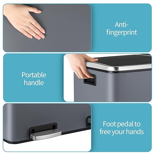 16 Gallon Rectangular Stainless Steel Trash Can, Dual Compartment Garbage Bin with Recycling Combo, Metal Dustbin Lid, Removable Liner, Indoor Hands Free Waste Bucket for Kitchen Home
