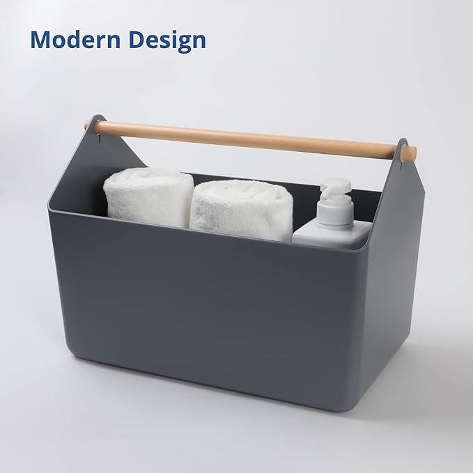 BLUE GINKGO Large Storage Basket – Plastic Caddy with Wooden Handle for Bathroom, Pantry, or Cleaning Supplies (Gray)