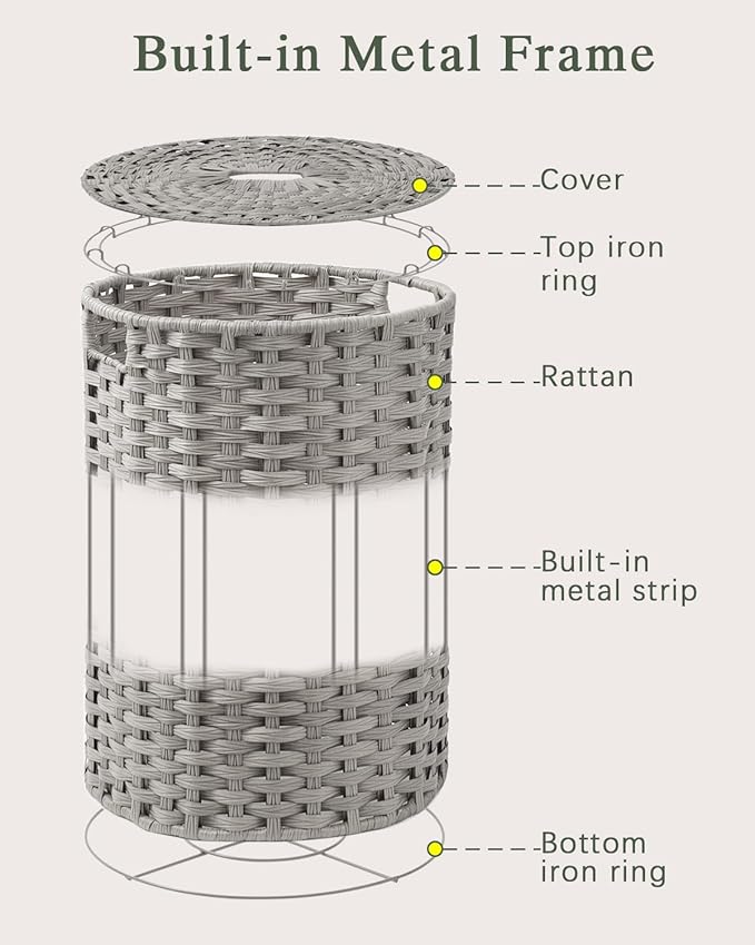 Laundry Basket with Lid Round Rattan Laundry Hamper with Lid and Handles 29.1 Gal (110 L) Handwoven Woven Basket with Removable Bags and 2 Mesh Bags for Bathroom Living Room Gray