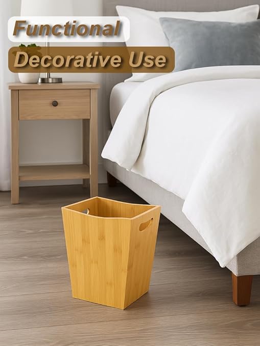 Wood Trash Can - Bedroom Trash Can Decorative with Handles - Bamboo Small Wastebaskets for Bathroom - 2 Gallon Rectangular Waste Basket for Office, Living Room, Kitchen Under Counter