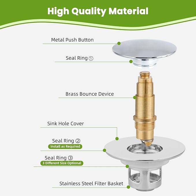 Universal 2PCS Bathroom Sink Stopper 2 in 1 Pop Up Metal Sink Drain Strainer with Hair Catcher, Fit for 1.1~2.36" Sink Basin Hole, Big Cover Cap, Anti-clog, Chrome