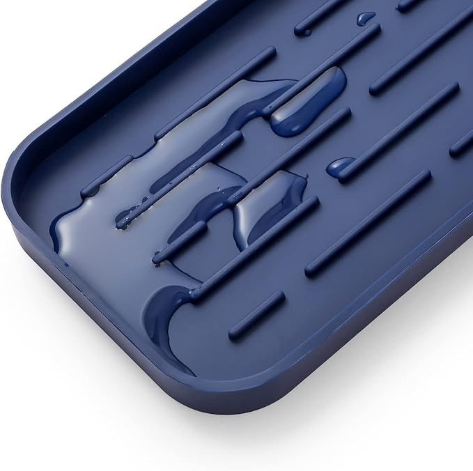 Silicone Kitchen Sink Organizer Tray for Multiple Usage,Eco-Friendly Sponges Holder for Kitchen Bathroom Counter or Sink,Dish Soap Dispenser,Scrubber,Bottle,Cup (Navy Blue, 10"×5.3")