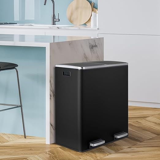16 Gallon Rectangular Stainless Steel Trash Can, Dual Compartment Garbage Bin with Recycling Combo, Metal Dustbin Lid, Removable Liner, Indoor Hands Free Waste Bucket for Kitchen Home