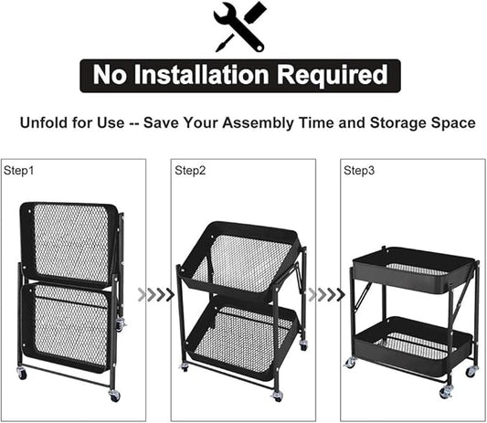 2-Tier Metal Folding Rolling Cart, Mobile Utility Cart Trolley Storage Organizer for Office Home Kitchen Organization, Sofa Side End Table with Wheels, Black