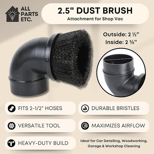 2.5" Dust Brush Attachment Compatible with Shop Vac, Craftsman, and more Wet Dry Vacuum Cleaner Accessory with Nylon Bristles Fits 2-1/2 Inch Hose - for Woodworking, Garage & Workshop Cleaning.