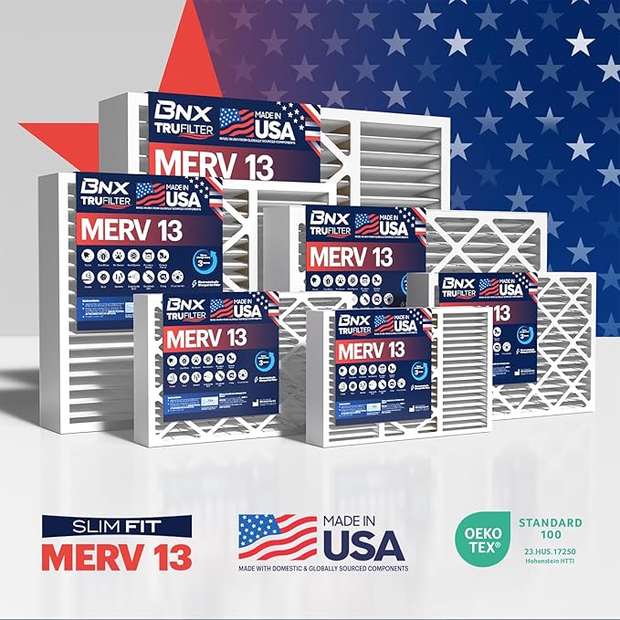 BNX TruFilter 16x20x4 (15.5’’ x 19.5’’ x 3.63‘’ Slim Fit) MERV 13 Air Filter (2-Pack) - MADE IN USA - Air Conditioner HVAC AC Furnace Filters Health, Allergies, Mold, Bacteria, Smoke, MPR 1900 FPR 10