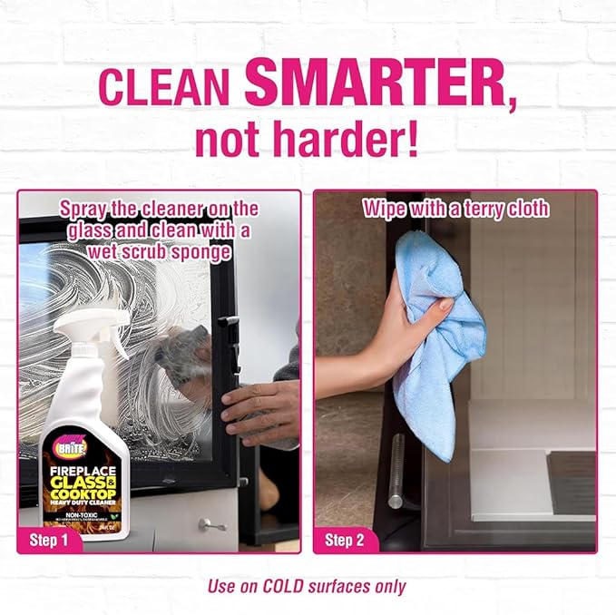 Quick N Brite Fireplace Glass Cleaner 24oz, Nonabrasive Cleaning Spray for Fireplace Glass, Oven Glass, Glass Cooktops, Ceramic-Glass, Microwave Glass