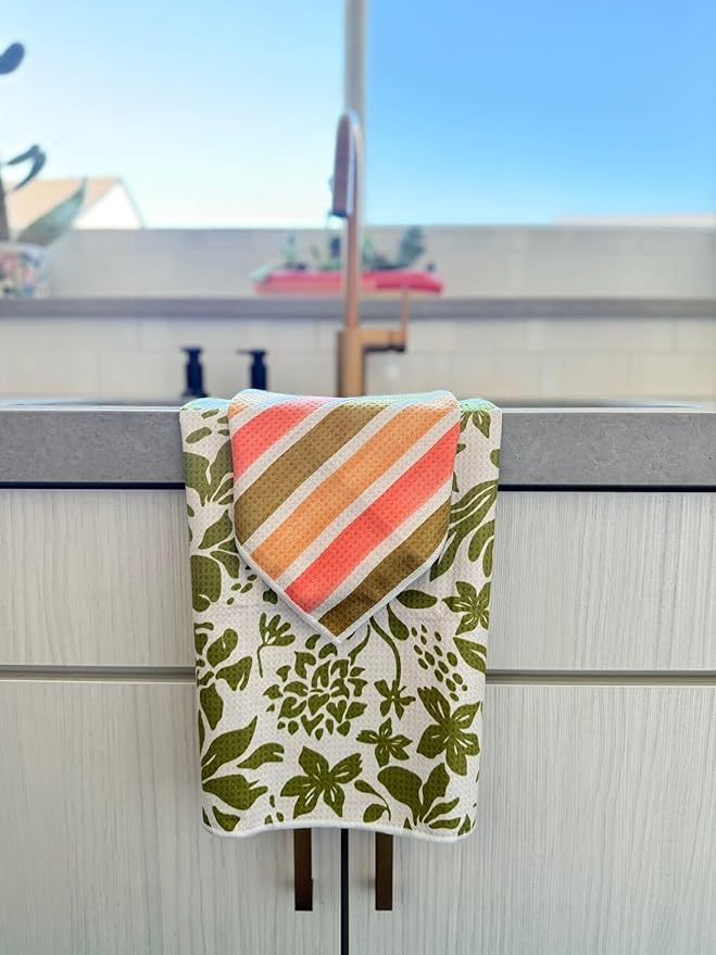 Microfiber Hand Towel & Washcloth Set of 2 - Double-Sided, Waffle Weave, Super Absorbent, Lint-Free, Fast Drying - Pat and Tricky Pattern for Bathroom, Kitchen, Car, and Window Cleaning