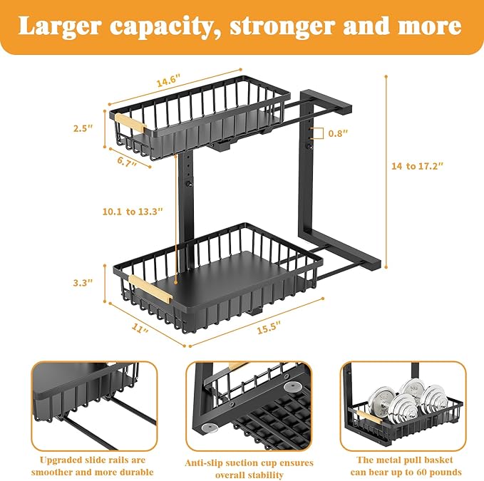 2-Tier Slide Out Under Sink Organizer – 2-Tier Pull-Out Storage Rack, Bathroom organizers and storage for Kitchen and Bathroom, Space-Saving Cabinet Organizer, Rustproof,(Black)(2 Pack)