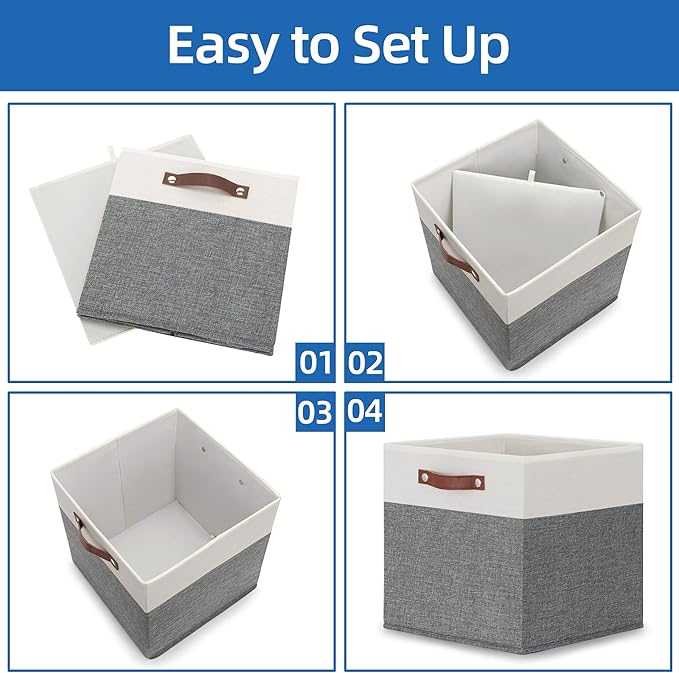 Temary 13x13 Storage Cubes 4 Pack Fabric Cube Storage Bins Large Storage Baskets with Leather Handles, Decorative Storage Boxes for Organizing Closet, Clothes, Foldable Cloth Baskets for Shelves