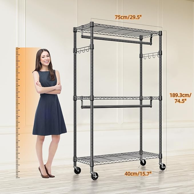 Heavy Duty Rolling Garment Rack 3 Tiers Adjustable Wire Shelving Clothes Rack with 2 Rods and Side Hooks,Storage Closet Clothing Rack with Wheels Black 15.7" D x 29.5" W x 74.5" H