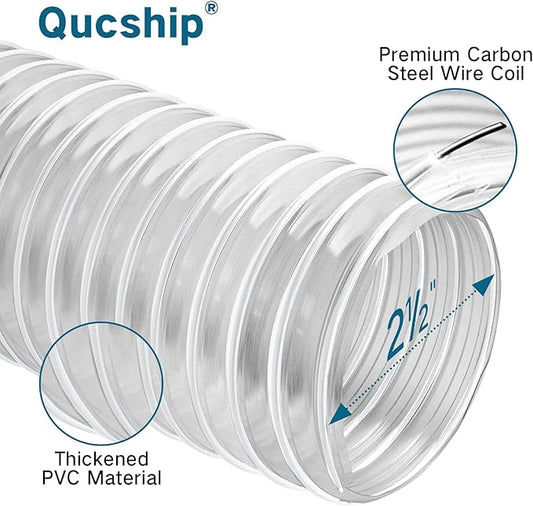 Qucship PVC Dust Collection Hose 2 1/2" x 20' - Heavy PVC Fume Collection Hose for Workshop, Woodworking, Dust Collection Systems