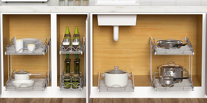 OCG 2 Tier Pull Out Cabinet Organizer (7.5" W x 21.5" D), Pull Out Drawers for Kitchen Cabinets, Pull Out Shelves for Base Cabinet Organization in Kitchen Bathroom Pantry, Chrome Finish