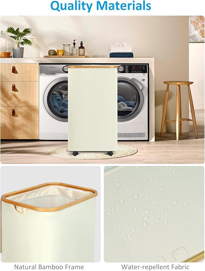 efluky Laundry Basket with Wheels, Tall Rolling Laundry Hamper with Lid and Removable Bag, Aesthetic Dirty Clothes Hamper on Wheels for Laundry Room, Bedroom, Dorm and Bathroom, 100L Beige