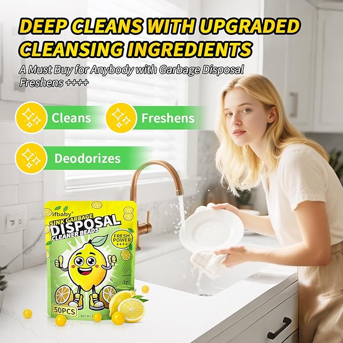 50 Count Garbage Disposal Cleaner and Deodorizer – Sink Odor Eliminator, New Powerful XL Sink Drain Freshener Pods | Dissolves Grease, Eliminates Odors, Lemon Zest Scent