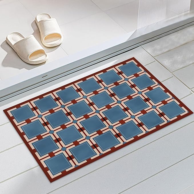Ultra Thin Door Mat Indoor Entrance, 1/10 in Thin Door Mats for Inside Entry, Non-Slip Rubber Backing Washable Doormat, Fade Resistant, Absorbent, Low Profile Dirt Trapper, 30"X17",Navy blue Checkered