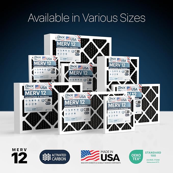 BNX TruFilter 18x20x1 MERV 12 Odor Defense (6-Pack) AC Furnace Air Filter with Activated Carbon - MADE IN USA - Pleated Air Conditioner HVAC AC Furnace Filters - Removes Odor, Mold, Bacteria, Smoke