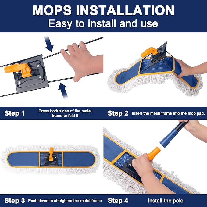 24" Commercial Dust Mop for Floor Cleaning,Heavy Duty Floor Duster with 2 Cotton Reusable Mop Pads,59ā Long Handle Wet Dry Flat Mops for Hardwood Floors,Marble, Laminate,Tile,Concrete,Garage (Blue)
