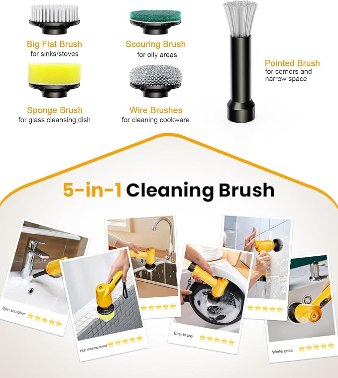qimedo 5000mAh Battery Electric Spin Scrubber Q4, Handheld Scrubber for Cleaning with Display, Power Dish Scrubber with 5 Heads, Shower Cordless Cleaning Brush for Bathroom/Sink/Window