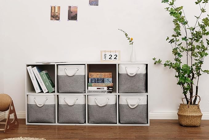 Cube Storage Bins, Collapsible Fabric Cube Storage Bin, 11 Inch Cube Storage Bins with Handles, Foldable Storage Cubes (White/Gray, 6Pack)