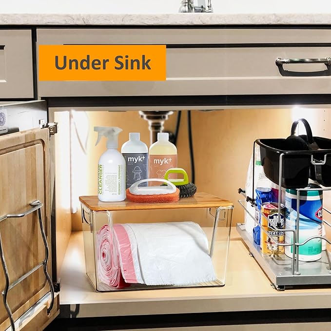 Hudgan Extra Large Trash Bag Holder Acrylic Trash Bag Dispenser Storage with Bamboo Top and Handles