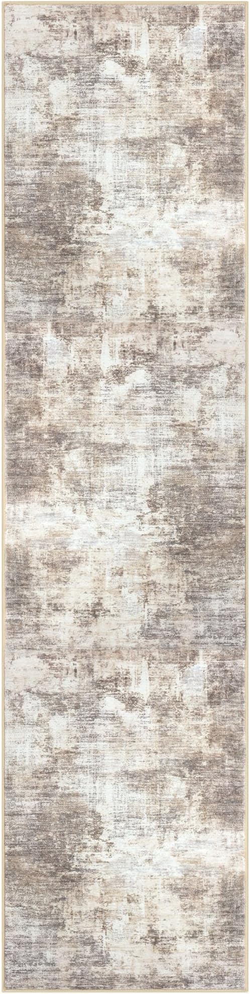 IOHOUZE Abstract Runner Rug 2x8 Ft Washable Runners for Hallways, Non Slip Kitchen Runner Printed Faux Wool Entryway Runner Indoor, Modern Abstract Floor Carpet for Hall Kitchen Bedroom, Beige Brown
