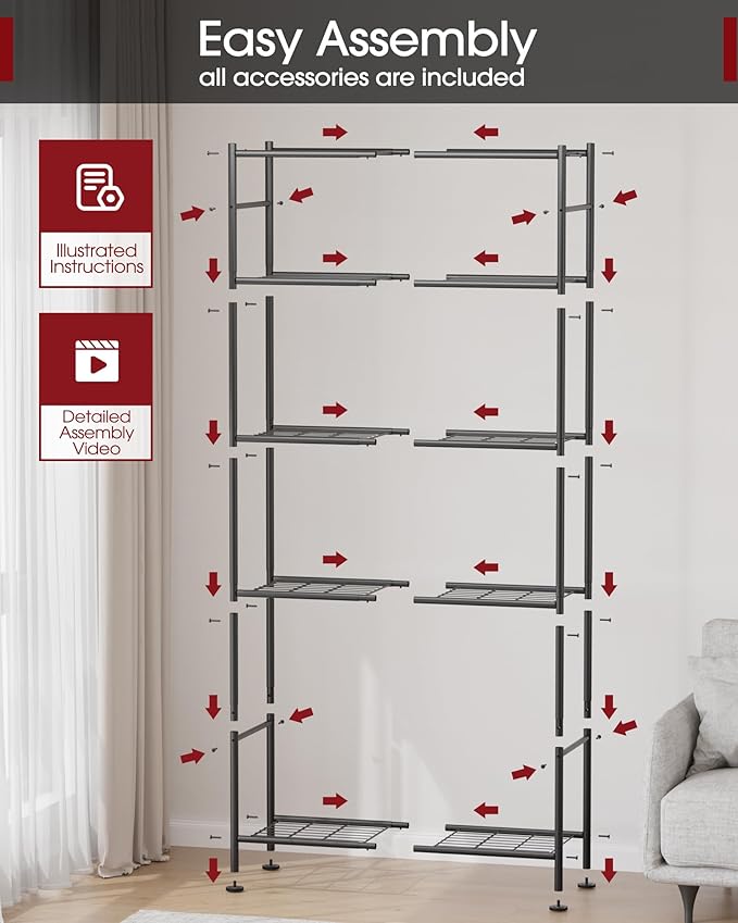Storage Shelves - 5 Tier Shelf Organizer, Sturdy Metal Garage Shelving with Adjustable Leveling Feet, Space-Saving Shelves Organizer for Pantry, Laundry, Kitchen (32" x 12" x 71", Black)