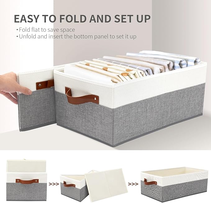 3 Pack Large Capacity Storage Bins Closet Organizer for Shelves, Fabric Closet Storage Baskets Boxes with Leather Handles for Organizing Clothes, Sheets, Jeans, Toys, Books (Grey)