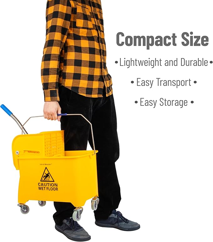 Mind Reader Bucket with Wringer and Mop Set, 22 Qt (5.5 Gallon), Floor Cleaning, Wheels, 16.25" L x 10.75" W x 24.5" H, Yellow