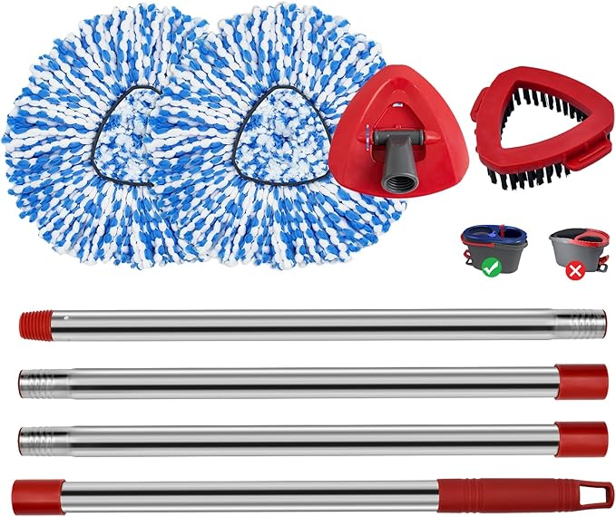 Spin Mop Handle Mop Heads and Base Replacement Sets Compatible with O Cedar EasyWring Rinseclean 2 Tank System, Flexible & Reusable(1 Sets Stainless Steel Handle & 2 Refills & 1 Base & 1 Scrub Brush)