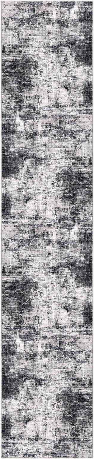 IOHOUZE Abstract Runner Rug 3x12 Ft Washable Runners for Hallways, Non Slip Kitchen Runner Printed Faux Wool Entryway Runner Indoor, Modern Abstract Floor Carpet for Hall Kitchen, Black Grey