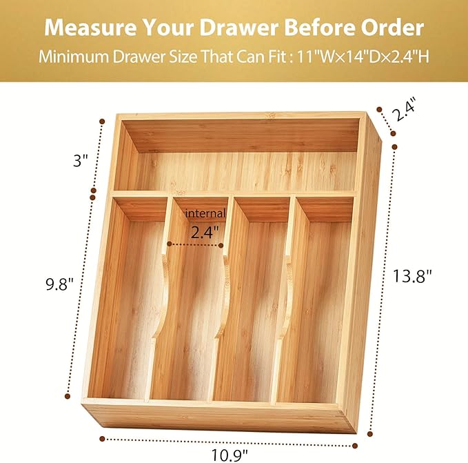 Umilife Bamboo Kitchen Drawer Organizer, 11 Inch Silverware Utensils Tray Holder with Grooved Dividers, 2.4" High Wood Caddy for Flatware Cutlery Knives