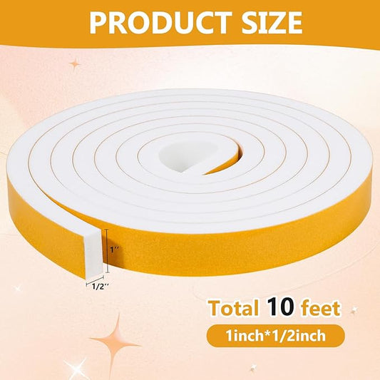 Weather Stripping Seal (1 Inch X 1/2 Inch) for Door Window, 10Feet High Density Foam Tape, Soundproofing, Insulation Strip, Door Sealers for Door Frame- White