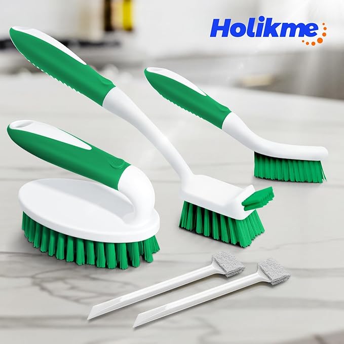 Holikme Cleaning Brush Set for Household Use, Scrub Brush, Kitchen Brush, Tile Lines Brush for Bathroom, Floor, Tub, Shower and Kitchen Surface (Green)