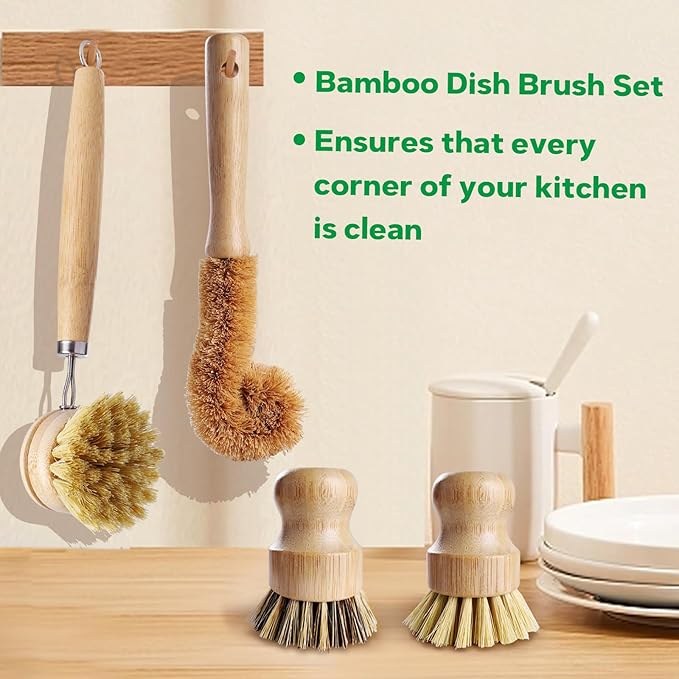 Bamboo Dish Brush Set - 5 Packs Natural Wooden Kitchen Brush, 4 Dish Scrubbers with One Replacement Head, Cleaning for Pots, Bottles and Vegetables