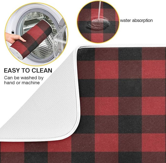 Red and Black Buffalo Plaid Dish Drying Mat 18x24 for Kitchen Merry Christmas Winter Xmas Dishes Pad Dish Drainer Rack Mats Absorbent Fast Dry Kitchen Accessories