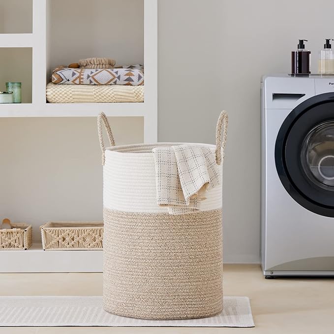VIPOSCO Large Laundry Hamper, Tall Woven Rope Storage Basket for Blanket, Toys, Dirty Clothes in Living Room, Bathroom, Bedroom - 100L White & Brown