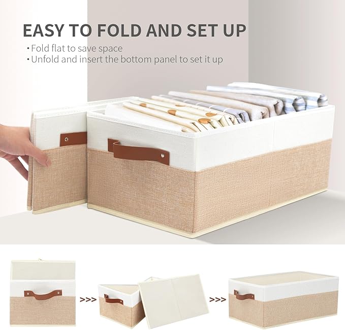 6 Pack Fabric Storage Bins, Large Storage Baskets for Shelves, Foldable Closet Organizer Storage Boxes with Leather Handles for Clothes, Sheets, Jeans, Toys, Books (Beige and White)