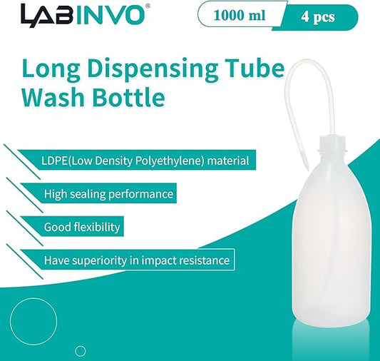 4pcs of Economy Wash Bottles, Vol.1000ml (34oz), Narrow-Mouth Squeeze Bottles Bottles, LDPE Material, with Long Dispensing Tube,IN-WBNL1000