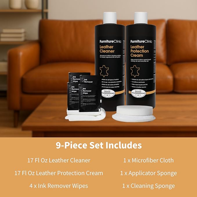 Furniture Clinic Large Leather Care Kit | Leather Cleaner + Conditioning Protection Cream for Furniture | Two 17oz Bottles + 1 Sponge & 1 Cloth | Restore Leather Couches, Car Seats, Jackets, & Boots