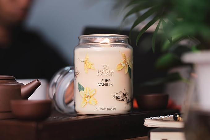 Vanilla Candle 22oz 16" x 9" Reusable Jar Candle 130 Hours Long Burn Time with Wooden Wick in Presentation Gift Box & Protective Shipper Spotless Leopard
