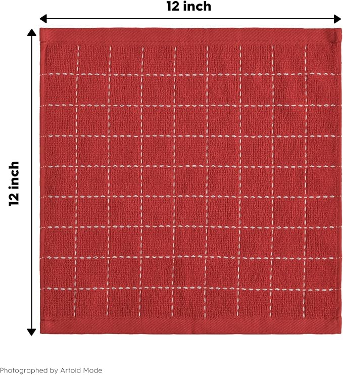 Artoid Mode Checkered Designed Cotton Red Green Terry Kitchen Dish Cloths, 12x12 Inch Soft Absorbent Quick Drying Cleaning Kitchen Rags Set of 6