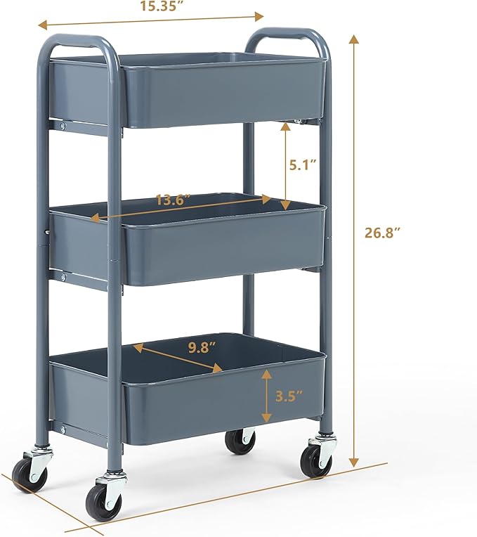 SunnyPoint 3-Tier Delicate Compact Rolling Metal Storage Organizer - Mobile Utility Cart Kitchen/Under Desk Cart with Caster Wheels - Blue (15.35" X 10.24" X 26.8"H)