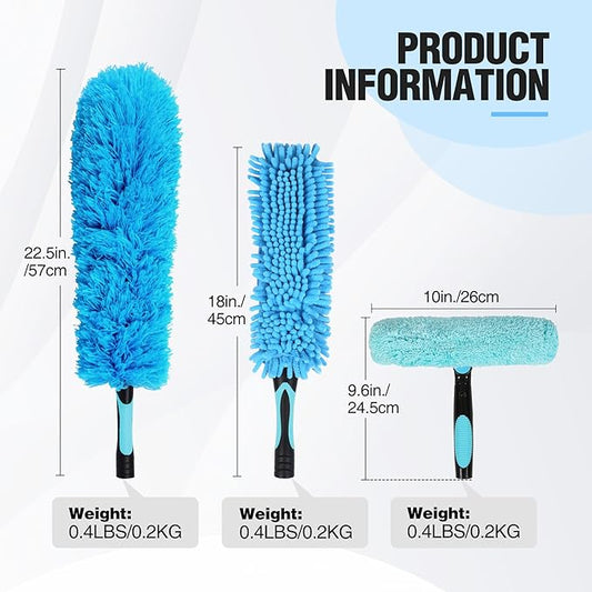 Lineslife Cobweb Duster,Washable Cleaning Duster Kit with Flexible Microfiber Duster Head, 1 * 2-in-1 Window Squeegee, and 1* Ceiling Fan Duster for Home Office Cleaning High Ceilings,Furniture,Roof