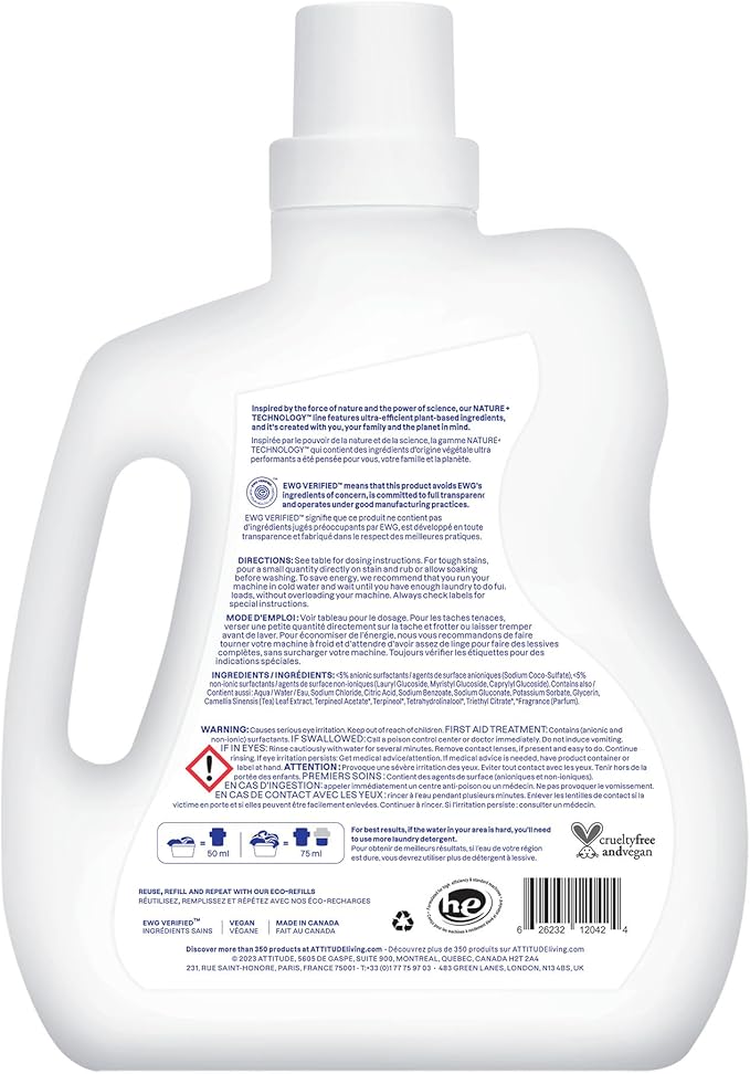 ATTITUDE Liquid Laundry Detergent, EWG Verified, HE Compatible, Plant-Based & Vegan, Natural Laundry Soap, Citrus Zest Scent, 40 Loads, 67.6 Fl Oz