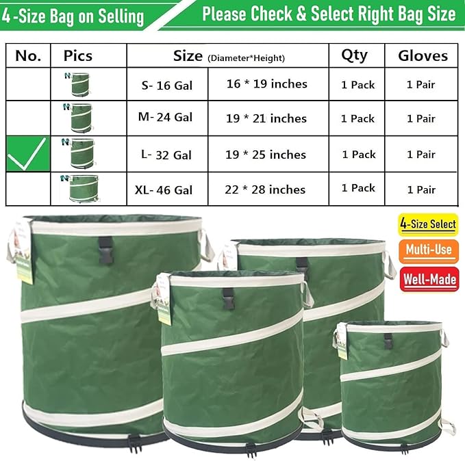 32-Gallon Collapsible Trash Can (19x25 in) Hard-Shell Bottom Yard Garden Bag for Pop-Up Recycling Bin,Yard Waste,Debris bag,Laundry Hamper,RV Camping Waste Bin,Lawn Grass,Leaf Bag,Sods,Weeds Barrel