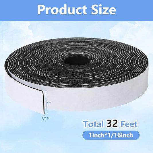 Weather Stripping Door Seal Strip- 1 Inch X 1/16 Inch X 32Feet, Strong Adhesive, Lightproof, Soundproof, Weatherproof Foam Tape Insulation for Sliding Door, Front Door Frame, Windows- Black