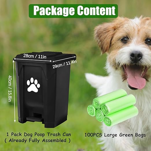 Outdoor Dog Poop Trash Can, Dog Waste Trash Can for Backyard Garden Home with Lid, Removable Inner Bin, Green Waste Bag, Black Fully Assembled